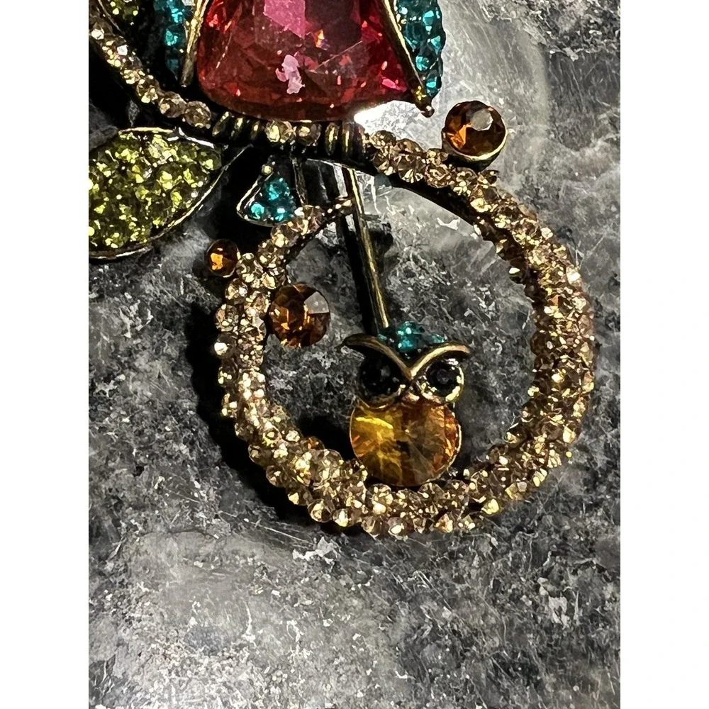 Vtg Owl Mommy Baby Brooch Rhinestones Lapel Bird Pin Whimsical Fashion Jewelry
